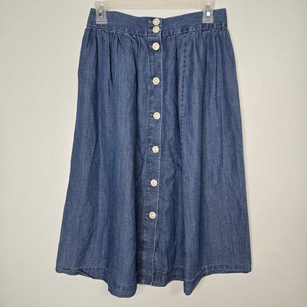 Button-Front Blue Denim Midi Skirt